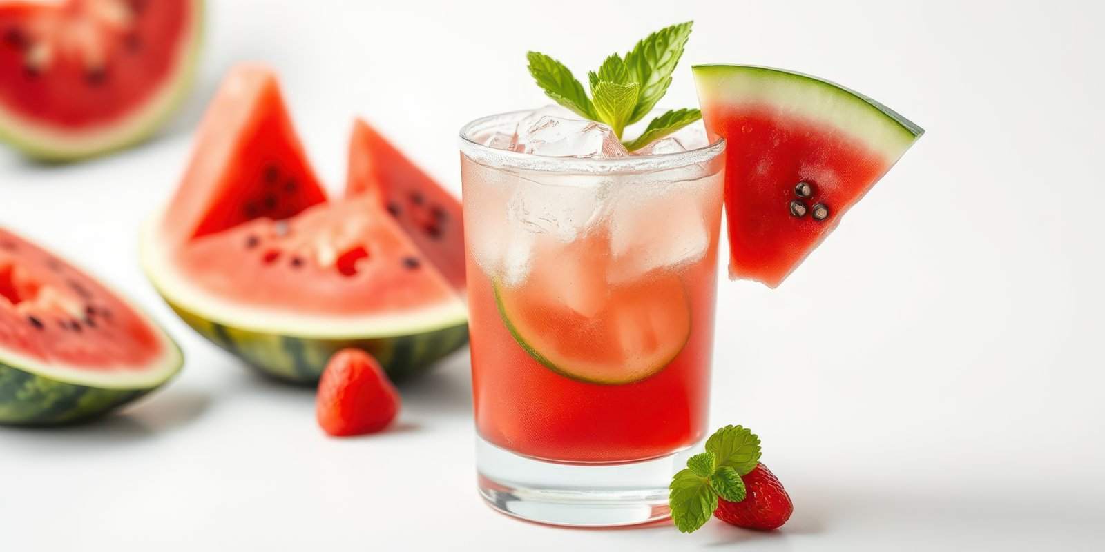 Refreshing watermelon beverage garnished with mint leaves served with fresh watermelon slices